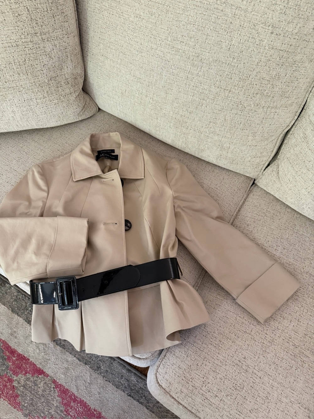 Anne Klein Beige Peplum Trench Jacket with Black Patent Belt